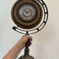 21” Maitland Smith style world map atlas clock. Metal, brass & leather. New Orleans fleur de lis. Iron Spiral Stand. 