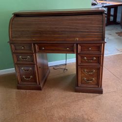 Antique Roll Top Desk With Wooden Rolling Chair