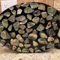 Vintage 1969 Black Lacquered Abalone Shell Oval Serving Tray with Handles - Large