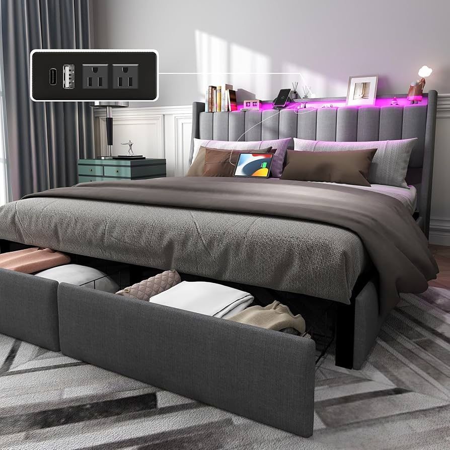 Queen Bed Frame with Headboard and 2 Storage Drawers, Platform Bed Frame Queen Size Upholstered with LED Lights and Charging Station, Steel Slat Suppo