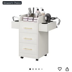 Beauty Salon Station for Hair Stylist, Salon Station Storage Cabinet with Wheels, Rolling Beauty Station with 3 Drawers & 6 Hair Dryer Holders, White 