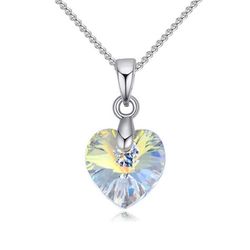 White Clear Crystal Zircon Heart Pendant Necklace Chain Love