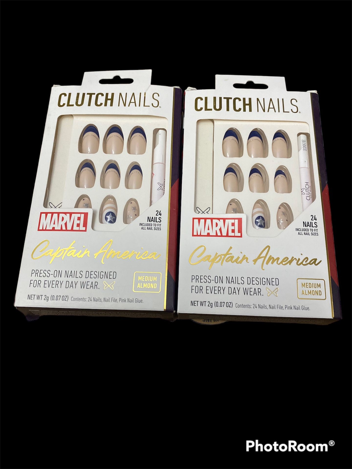 New 2 pack bundle Clutch Nails Marvel Capt. America, Set of 24, Almond Medium Press On Fake Nails