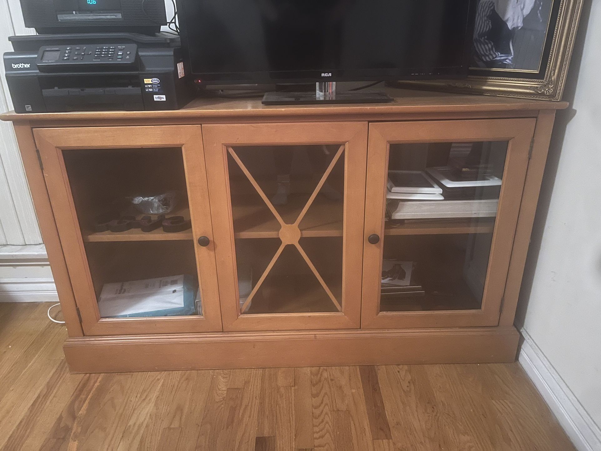 Wood Shelf With Glass Cabinet Doors