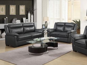 Sofa and Loveseat Grey Leatherette, Dark brown wood finish. New Especial price 
