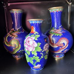 Set of 3 Chinese Cloisonné Enamel Vases – Dragons & Peonies