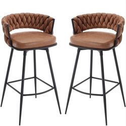 Set of 2- Bar Stools with Swivel Woven Back with Footrest