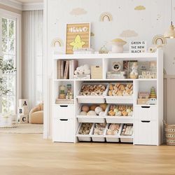 55" W Toy Storage Organizer with Drawers, Large Kids Toy Storage Box with Removable Bins, Tall Kids Bookshelf and Bookcase for Boys and Girls, Modern 