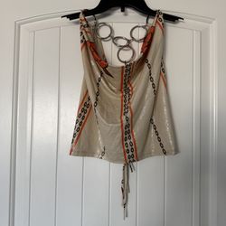 Y2K Backless Chain-Link Halter Top with Oversized O-Ring Hardware – Glossy Cream, Orange & Black - Small