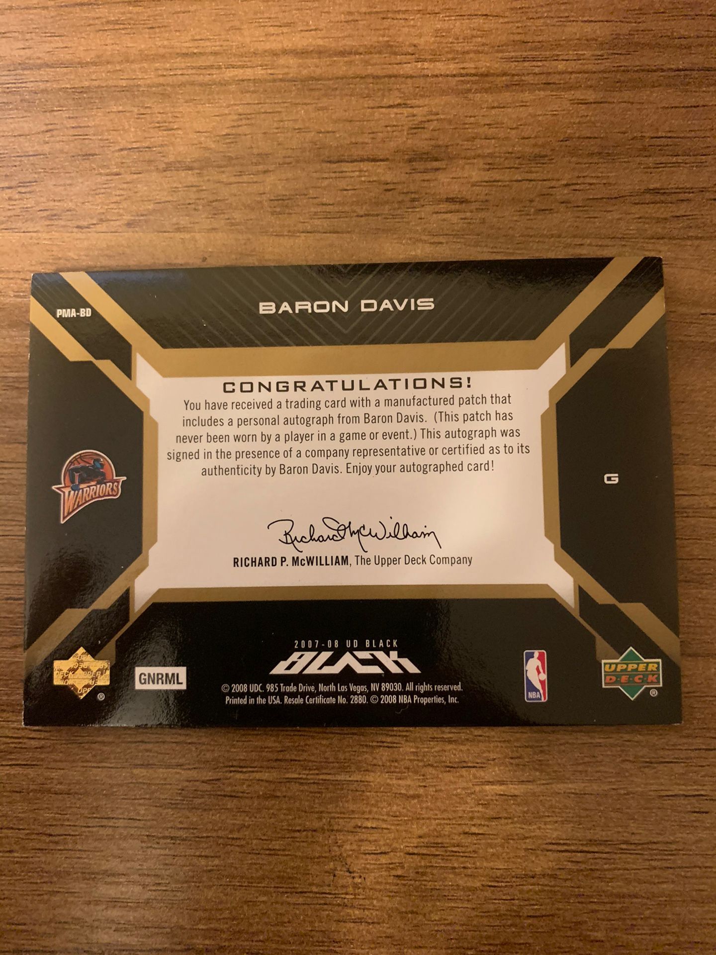 2007-08 Upper Deck Black Baron Davis Patch Material Gold Autograph 