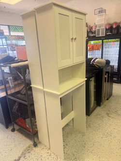 Tall White Wood Storage Cabinet with Doors