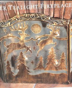 Vtg Reindeer Fireplace Screen & Tealight Holders, Wrought Iron NO FIREPLACE NEEDED - NOB