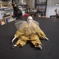 Vintage Small Harlequin Doll,  In Bisque Porcelain Hand-painted Dressed In Gold W/Brown Buttons & Silver High Heels Flexible 7"