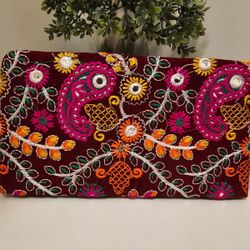 Indian Hand Embroidered Clutch Hand Bag - Maroon Color  