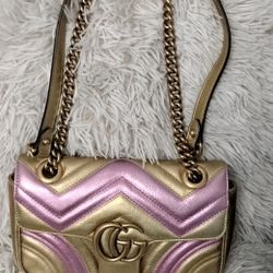 Metallic Calfskin Matelasse Mini GG Marmont Shoulder Bag Gold Pink

