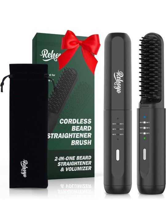 Beard Straightener for Men, Portable Cordless Heated Hair & Beard Straightening Brush with Anti-Scald & Ionic Technology, 3 Temperature Setting Comb