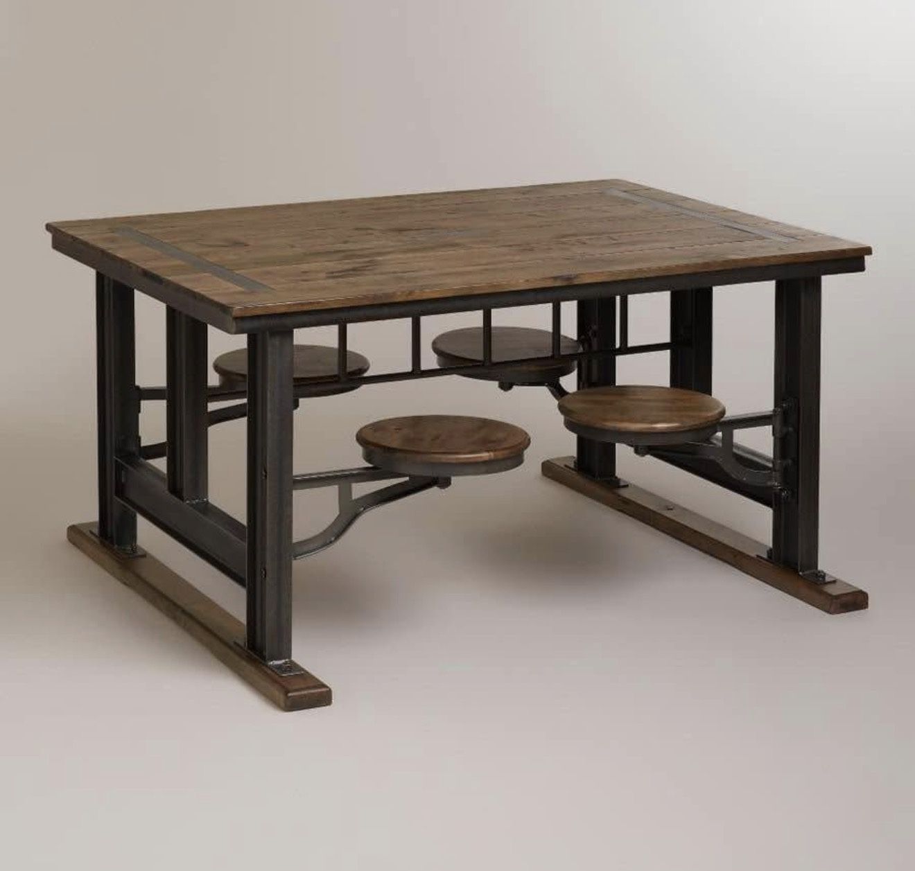 Rustic Farm-Style Dining Table with Four Attached Seats Made of Wood & Iron