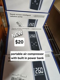 New in box portable air compressor / tire inflator with built in power bank