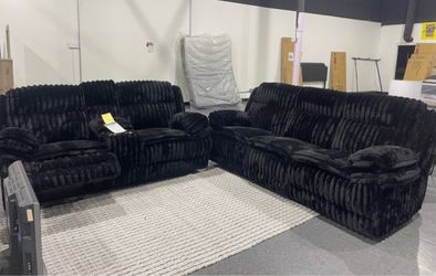 Black Ribbed Plush Reclining Sofa and Loveseat