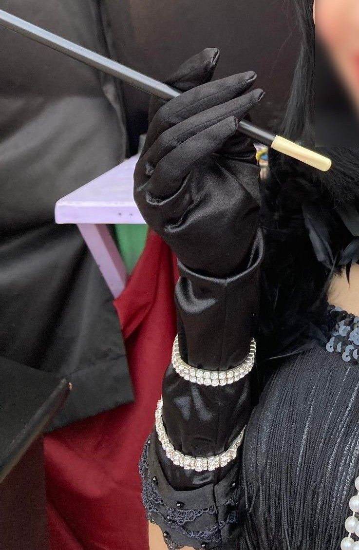 Pair of Black Satin Long Dress Glamour Opera Party Gloves with Beaded Lace Arm Accent