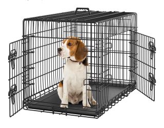 36 inch Double Door Dog Crate w/Divider for Puppy, Collapsible Metal Dog Kennel with Removable Tray, Portable Travel Cage, Black