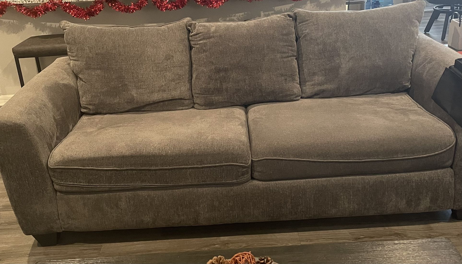 Grey Couch, Loveseat, 2 Lamps and 2 Black End Tables