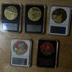 5 piece pokemon  gold  colored metal coins