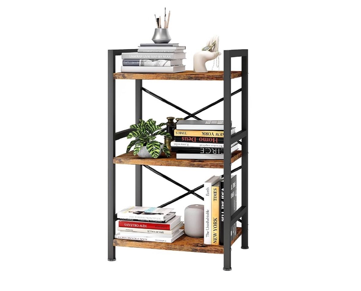 Homeiju Bookshelf, 3 Tier Industrial Bookcase, Metal Small Bookcase, Rustic Etagere Book Shelf Storage Organizer for Living Room, Bedroom, and Home Of