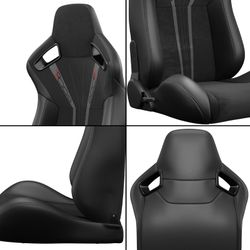 2PC Universal Bucket Racing Seats Red Stitch Red PVC Leather Reclinable Carbon Look Leather Back With Adjustor Slider(Not Including Seat Bracket ) 1 b
