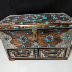 Vintage Wooden Jewelry Box with Turquoise and Red Gemstone Inlays

