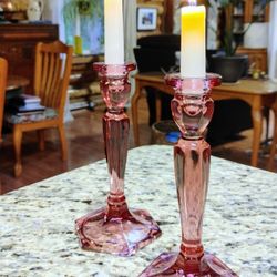 Pair Of Fenton Pink Rose Candlesticks