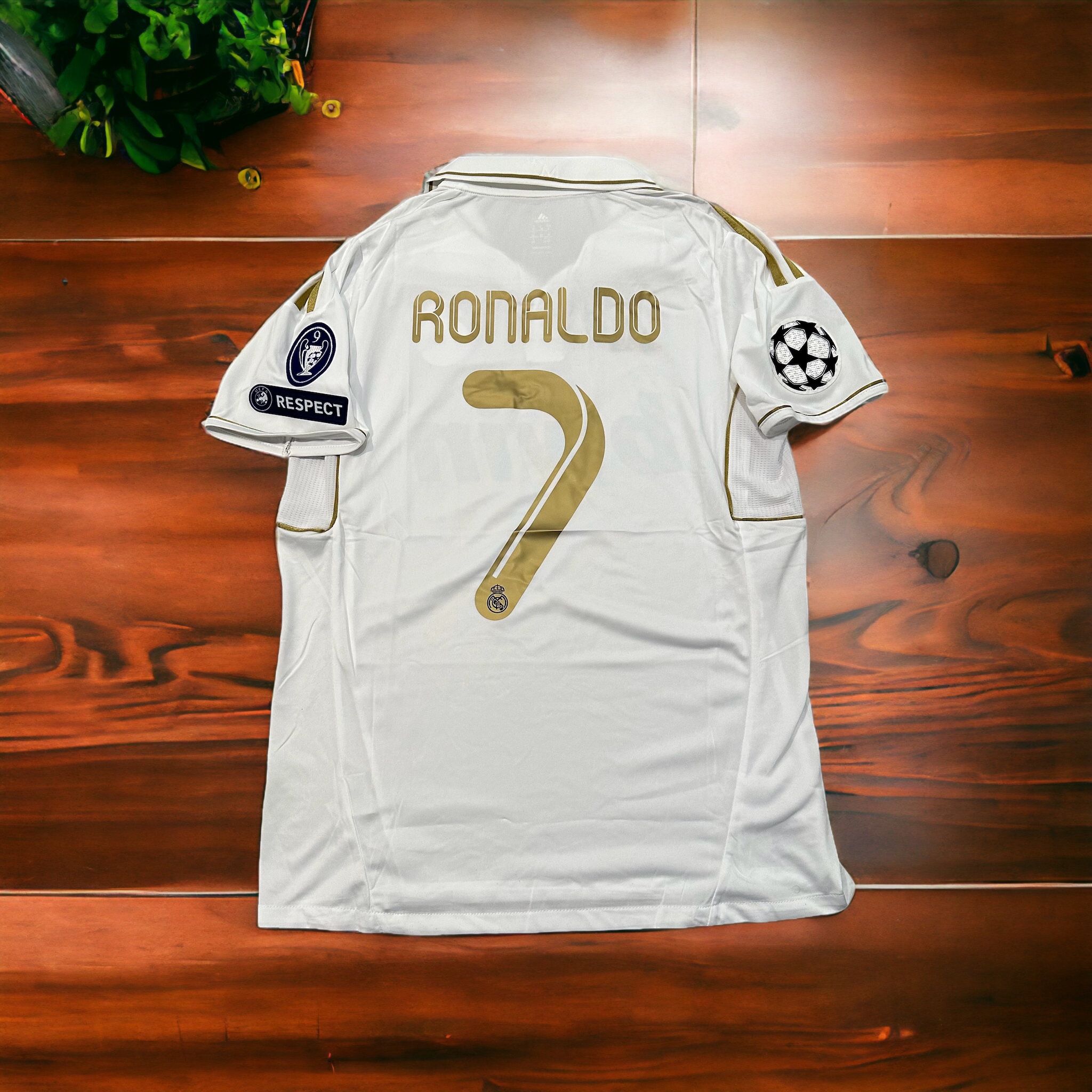 Real Madrid Ronaldo Soccer Jersey 2012 Home Champions White Gold Medium Men