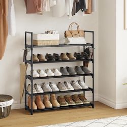 5 Tiers Black Shoe Rack Shoe Organizer Shoe Storage for Closet for Entryway 20-25 Pairs  with Hooks Metal Pipes Plastic Connectors