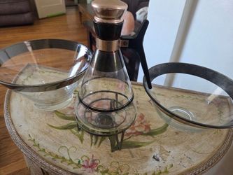 Vintage Glass Carafe Set with Metal Stands