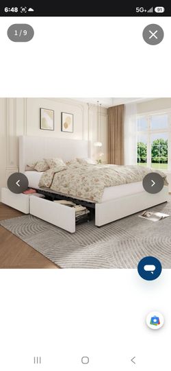 Garvee Bed Frame King Size with 4 Storage Drawer, Bed Frame with Headboard and Corduroy Vertical Channel Tufted Wingback, Sturdy Wooden Slats Support,