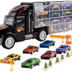Toy Truck Transport Car Carrier Toy for Boys and Girls Age 3-10 yrs Old - Hauler Truck Includes 6 Cars and Accessories - Fits 28 Car Slots - Ideal Gif