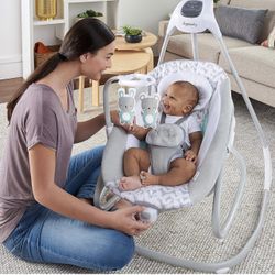 Ingenuity 2-in-1 SimpleComfort Lightweight Compact 6-Speed Multi-Direction Baby Swing & Rocker, Vibrations & Nature Sounds, 0-9 Months 6-20 lbs (Rayla