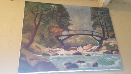 Nature Scenery.  Trees, River and Bridge. Oil Painting On Canvas. Woodland Hills,Ca 
