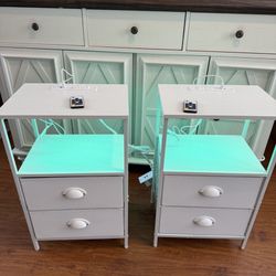2 Nightstands white with 2 drawers Charging Station and LED Lights, remote control with 2 USB Ports 2 AC Outlets and wireless charger Modern End Table