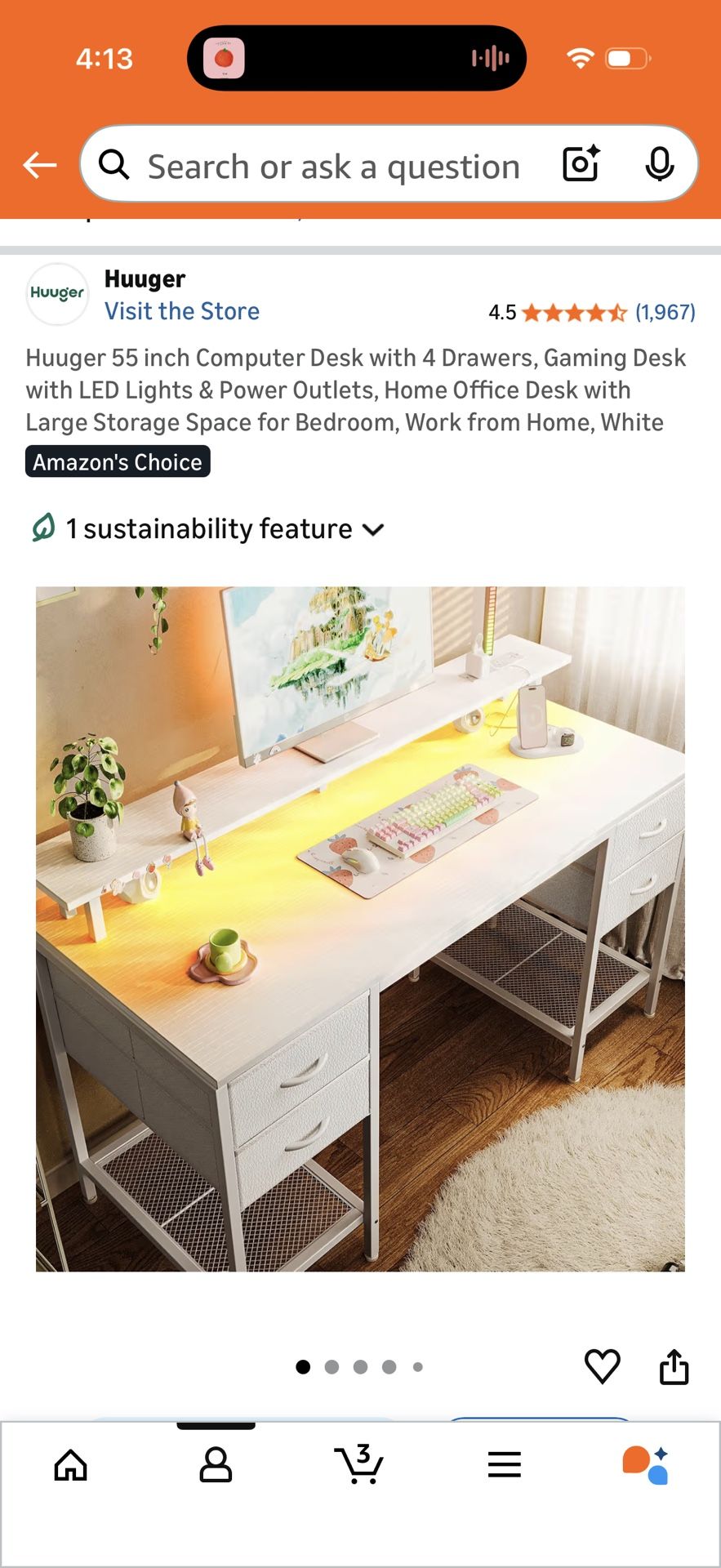 55” White Desk, 4 Drawers, LED lights