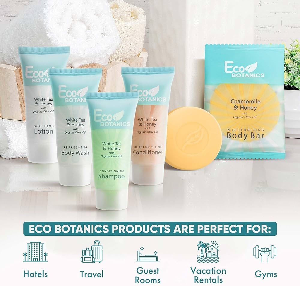 Eco Botanics Hotel Soaps & Toiletries Bulk Set | 1-Shoppe Amenities Kit | 0.85oz Shampoo & Conditioner, Body Wash, Lotion, 0.89oz Bar Soap | Travel Si