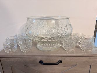 Vintage Jeannette Glass Round Punch Bowl Set w/ Handled Cups, 13-Piece