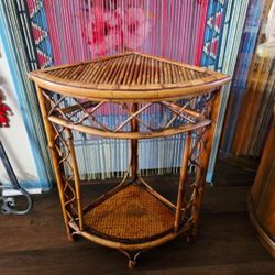Boho Vintage Rattan Two Tier Corner Floor Shelf. 22"×15.5"×25"