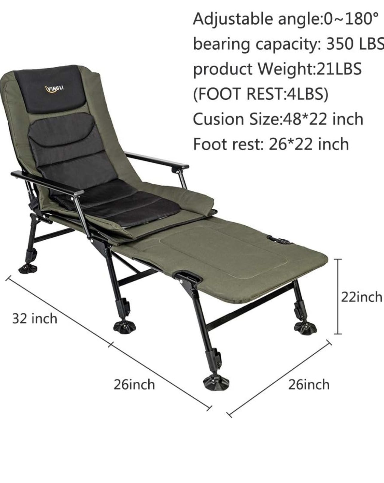 NEW IN BOX -VINGLI Heavy Duty Fishing Chair with Footrest Support 440 LBS, Oversized Camping Chairs with 160° Adjustable High Back, Beach Chair for Ou