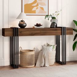 63 Inch Console Table for Entryway, Industrial Sofa Tables Couch Table Behind Sofa for Living Room Hallway Foyer, Walnut