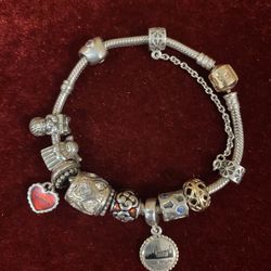 Pandora Bracelet Silver With Some Gold Accents & Safety Chain