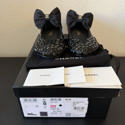 CHANEL  Satin Strass Bow Mary Jane Flats 36 Black LOWERED PRICE Crystals 24A G45750B17097 NWB Price Drop