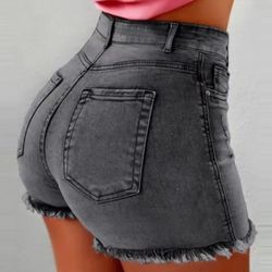 Women's High-Waist Black Denim Shorts with Fringe Detail - Stylish Slimming