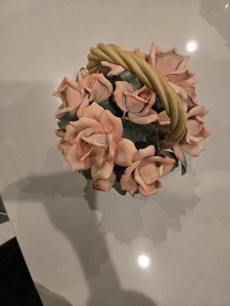 Vintage CAPODIMONTE Porcelain Flowers In Basket Made In Italy