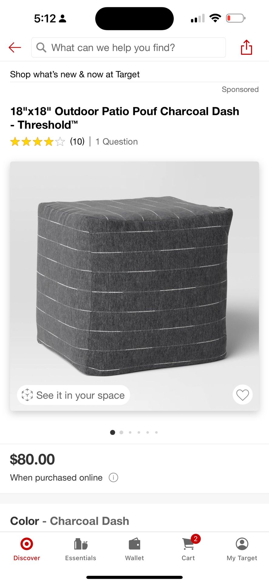 18"x18" Outdoor Patio Pouf Charcoal Dash Threshold™,All Products : American Fashion Style Bags On Sale